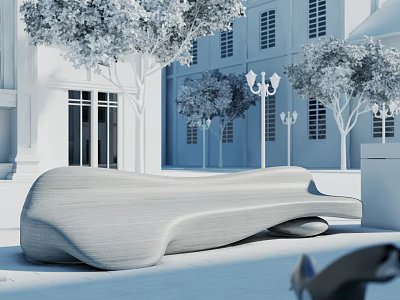 Modern Curved Landscape Seating in Outdoor Space With Trees and White Building 3d model
