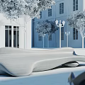Modern Curved Landscape Seating in Outdoor Space With Trees and White Building