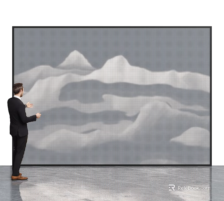 Man In Suit Interacting With Large Dot Matrix Screen Showing Mountain Pattern 3d model