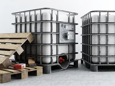 Large Industrial IBC Tanks With Metal Frames Red Valve And Wooden Pallets 3d model