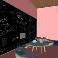 Garden Ornaments In Classroom With Back to School Blackboard And Students