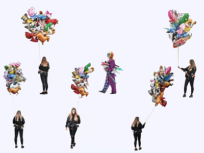 Group of People Holding Colorful Balloon Bouquets With Clown in Vibrant Costume 3d model