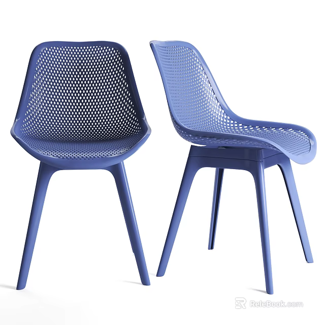 Stylish Blue Plastic Dining Chairs With Perforated Design And Slender Legs 3d model 
