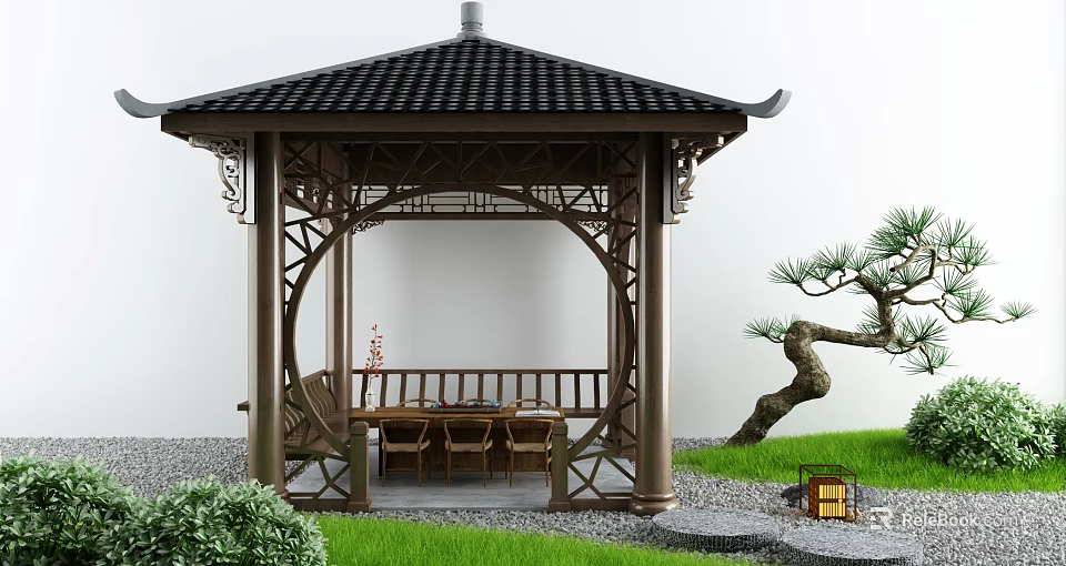 Traditional Chinese Pavilion With Black Tiled Roof Wooden Structure Pine Tree Lantern And Grass Lawn 3d model 