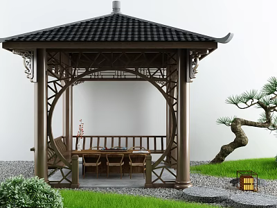 Traditional Chinese Pavilion With Black Tiled Roof Wooden Structure Pine Tree Lantern And Grass Lawn 3d model