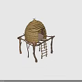 Traditional Beehive Shaped Thatched Hut With Wooden Supports And Climbing Ladder