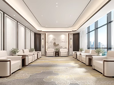 Hotel Public Lounge Featuring Spacious Layout Comfortable Sofas Floor to Ceiling Windows And City View 3d model