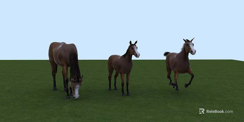 Three Brown Horses Grazing Standing And Running On Green Grassland With Light Blue Sky 3d model 