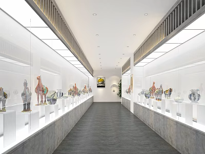 Spacious Modern Exhibition Hall With Glass Display Cases Ancient Artifacts And Bright Lighting 3d model