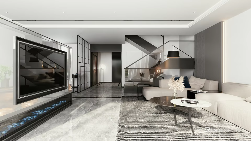 Modern Living and Dining Room Interior With Open Layout Sofa Coffee Table And Lighting 3d model 