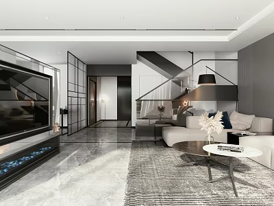Modern Living and Dining Room Interior With Open Layout Sofa Coffee Table And Lighting 3d model
