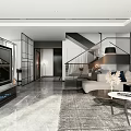 Modern Living and Dining Room Interior With Open Layout Sofa Coffee Table And Lighting
