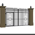 Wrought Iron Entrance Gate With Beige Pillars Decorative Lamps And Ornate Patterns