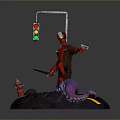 Red Horned Demon Figure Holding Gun With Octopus Tentacles And Traffic Light On Rock Base