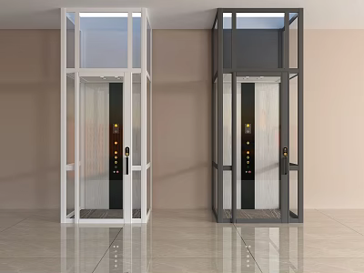 Two Modern Indoor Elevators With White And Gray Frame Glass Door Design 3d model