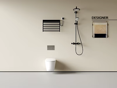 Modern Bathroom Interior With White Toilet Shower Head And Designer Wall Decor 3d model