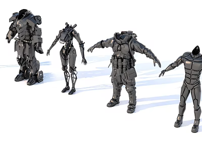 Various Mechanical Humanoid Robot Designs With Armor And Exoskeleton Features 3d model