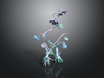 Artistic Decorative Plant with Purple Blue Flowers Green Stems Claw Like Roots and Multiple Branches 3d model