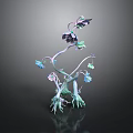 Artistic Decorative Plant with Purple Blue Flowers Green Stems Claw Like Roots and Multiple Branches