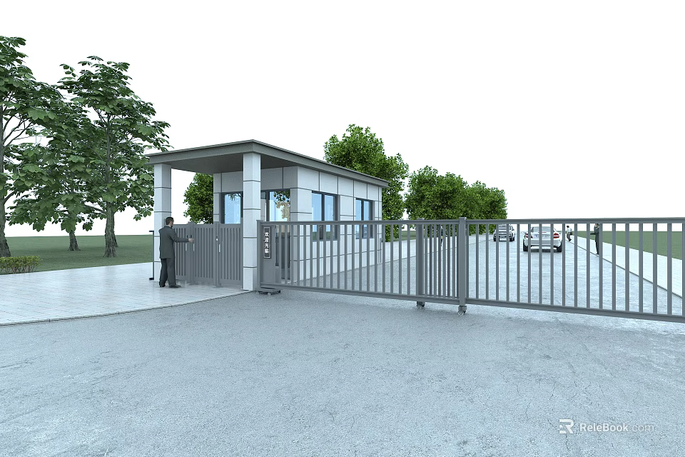 Metal Entrance Gate with Gatehouse Trees Person and Nearby Cars on Paved Ground 3d model 