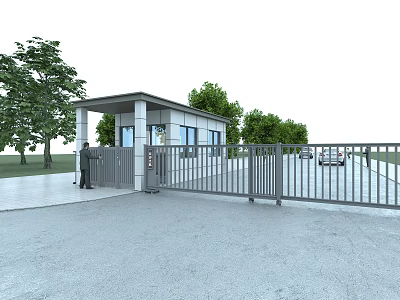 Metal Entrance Gate with Gatehouse Trees Person and Nearby Cars on Paved Ground 3d model