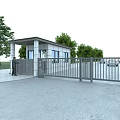 Metal Entrance Gate with Gatehouse Trees Person and Nearby Cars on Paved Ground