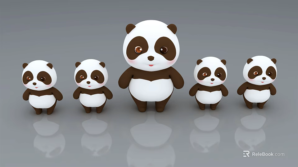 Cute Black And White Panda Dolls Set With Different Sizes And Smiling Faces 3d model 