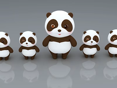 Cute Black And White Panda Dolls Set With Different Sizes And Smiling Faces 3d model