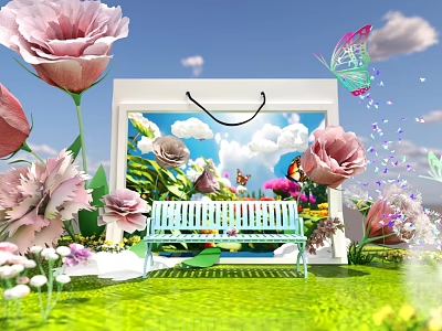 Beautiful Garden Scene With Pink Roses Butterflies Green Grass Bench Blue Sky White Clouds 3d model