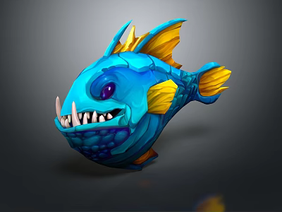 Cartoon Blue Fish Character With Yellow Fins Sharp Teeth And Purple Eyes 3d model