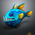 Cartoon Blue Fish Character With Yellow Fins Sharp Teeth And Purple Eyes