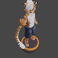 Cartoon Tiger Character With White Hair Blue Jeans Waving Hand Light Blue Background