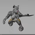 Anthropomorphic Snow Leopard Character Holding Sword in Battle Stance with Spotted Fur and Decorative Patterns