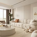 Modern Living Room Interior With White Sofa Round Coffee Table Area Rug And Decorative Painting
