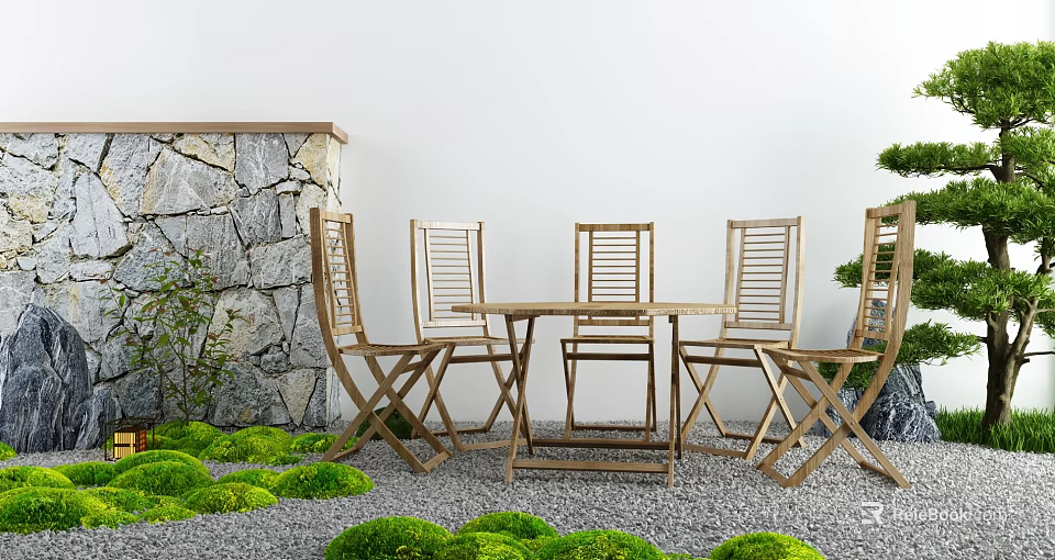 Outdoor Table With Wooden Folding Chairs Stone Wall And Green Moss 3d model 