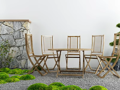 Outdoor Table With Wooden Folding Chairs Stone Wall And Green Moss 3d model