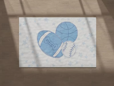 Square Rug With Blue Baseball Glove Basketball And Star Pattern Design 3d model