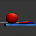 Fresh Whole Tomato And Sliced Pieces On Blue Cutting Board With Knife