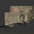 Ancient Stone Structure Model With Red Dome And Stone Walls On Grass Ground