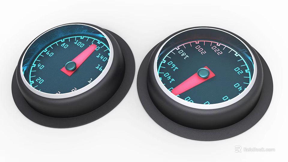 Two Vehicle Dashboard Gauges With Red Pointers Blue Backlight And Black Bezels 3d model