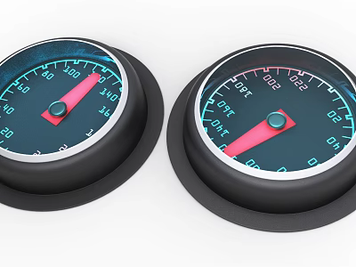 Two Vehicle Dashboard Gauges With Red Pointers Blue Backlight And Black Bezels 3d model