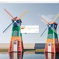 Colorful Windmills With Red Yellow Green Blue Stripes Under Blue Sky And Water Reflections