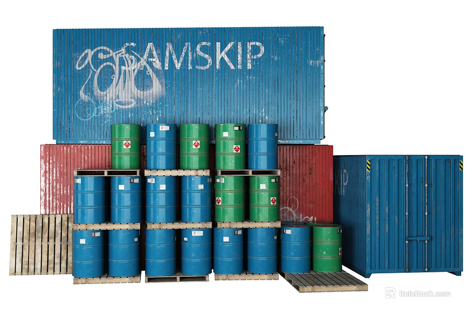 Industrial Equipment Storage With Stacked Blue Green Drums And SAMSKIP Containers 3d model 