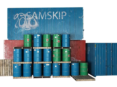 Industrial Equipment Storage With Stacked Blue Green Drums And SAMSKIP Containers 3d model