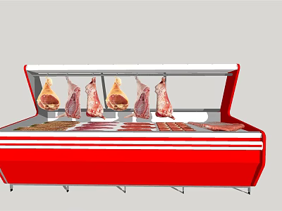 Red Commercial Display Shelf with Hanging Meat and Displayed Meat Products for Supermarket 3d model