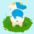 Cartoon Cow Plush Toy With Blue White Body Yellow Accents On Green Grass With Flowers