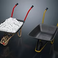Two Wheelbarrows With Red And Yellow Handles One Filled With White Materials