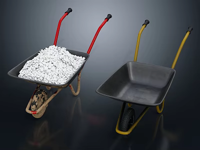 Two Wheelbarrows With Red And Yellow Handles One Filled With White Materials 3d model