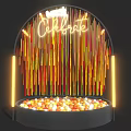 Celebration Event Entrance With Arched Structure Illuminated Let's Celebrate Sign And Colorful Balls Below