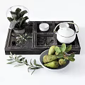 Tea Set on Dark Wooden Tray Featuring White Teapot Glass Cloche Plant and Green Fruits